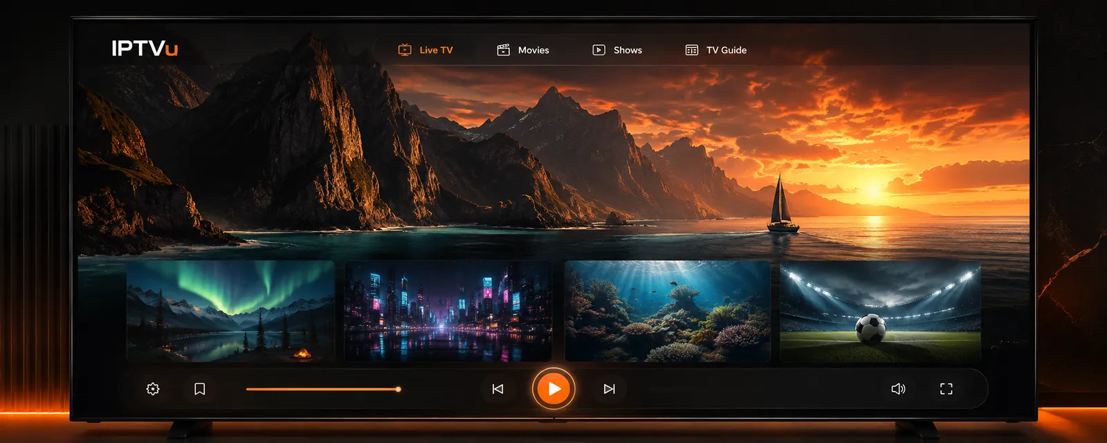 Original cinematic IPTVu concept artwork showing an illustrative media player and scenic video previews